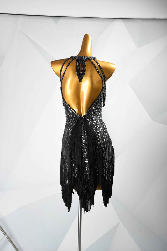 MINEJAS.L100 Black Rhinestone Fringe Latin Competition Gown