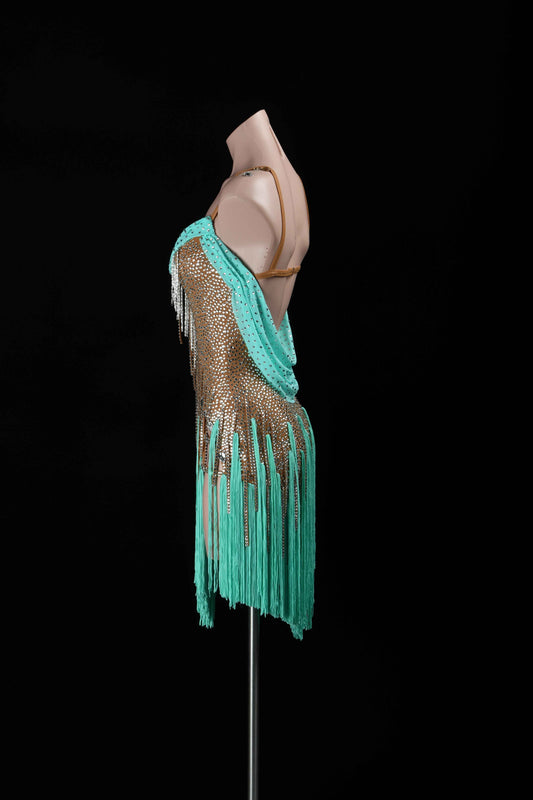 MINEJAS.L7612 Mint Green Fringe Latin Performance Costume