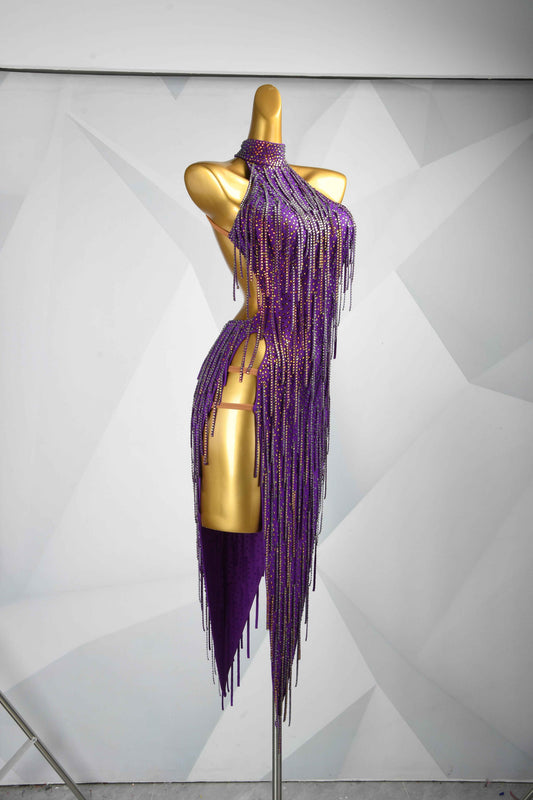 MINEJAS.L078 Purple Fringe Halter Latin Competition Gown