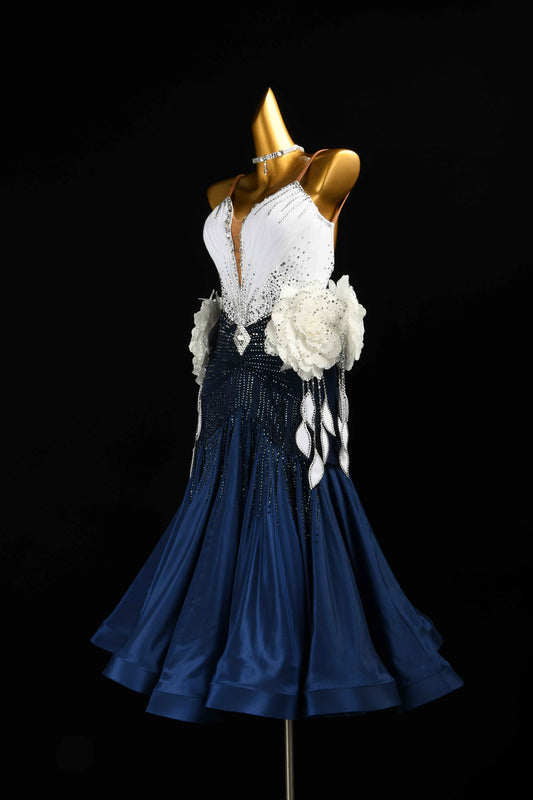MINEJAS.B413 Navy White Floral Japanese Fabric Ballroom Performance Gown
