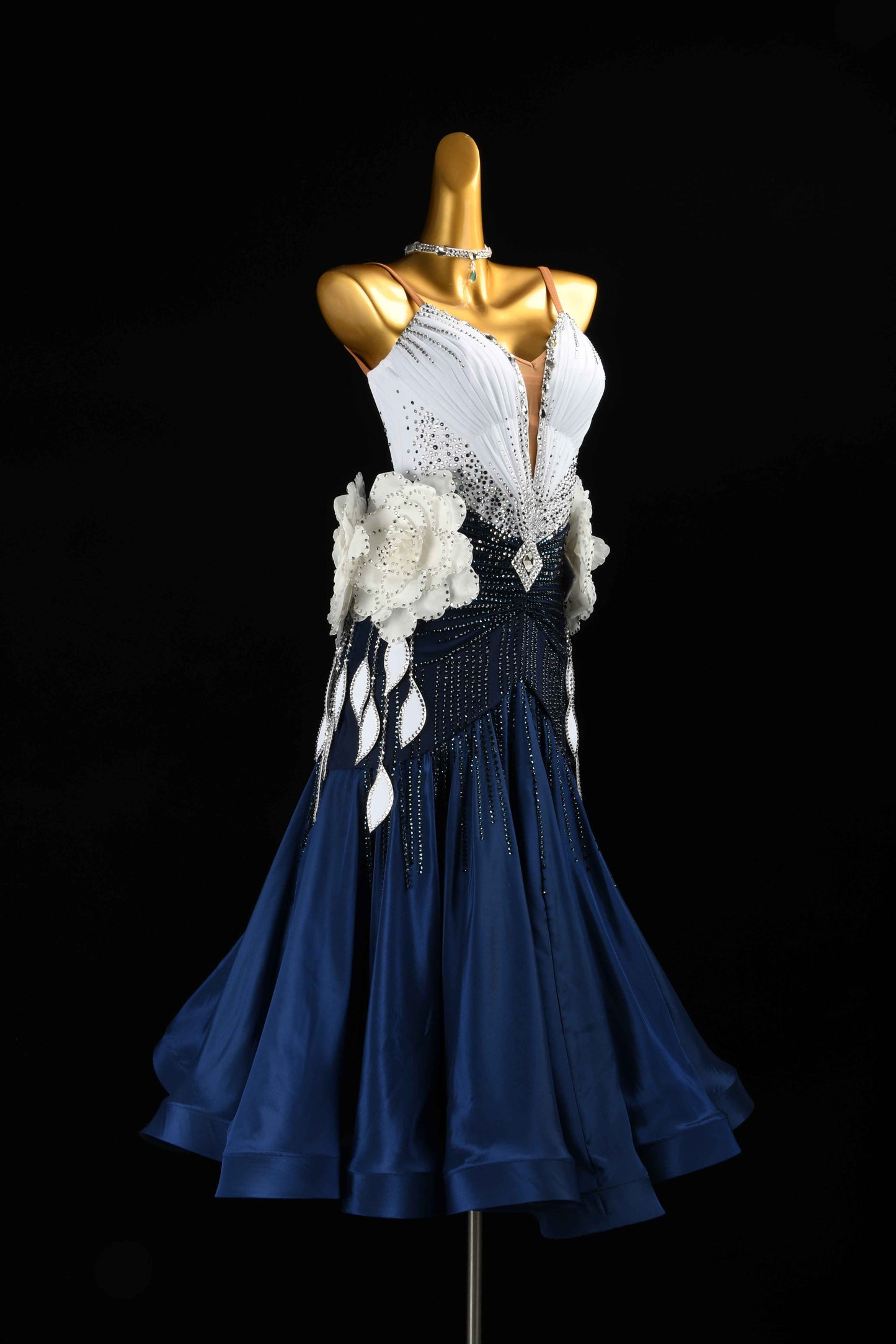 MINEJAS.B413 Navy White Floral Japanese Fabric Ballroom Performance Gown