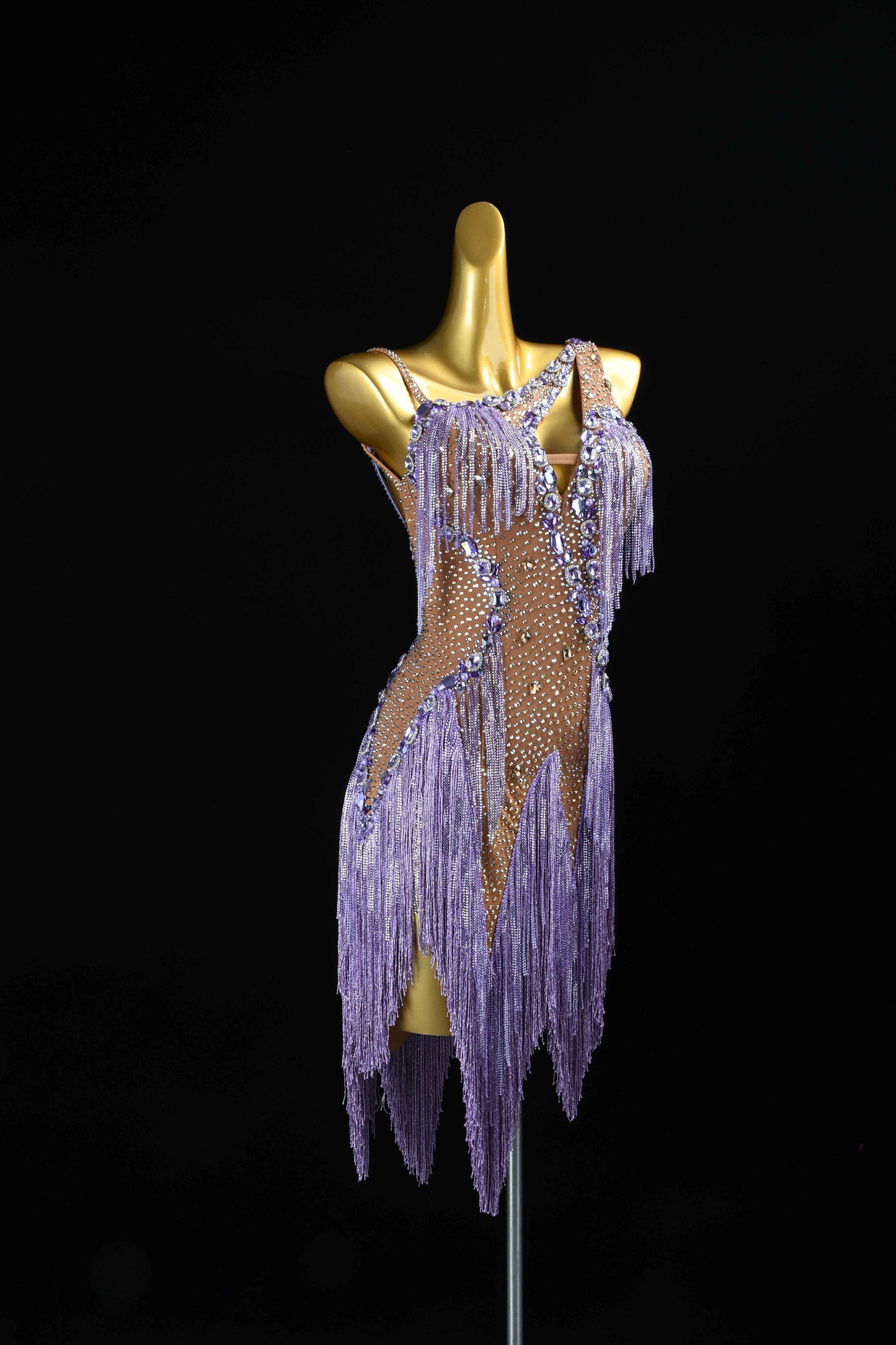 MINEJAS.L079 Lavender Rhinestone Fringe Latin Dance Dress