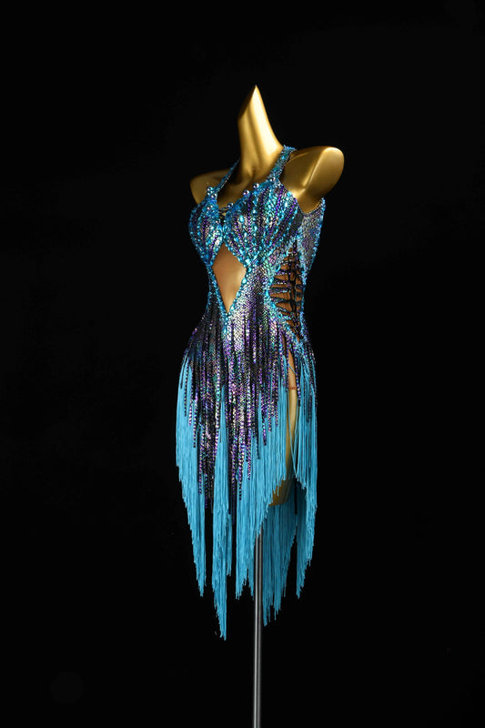 MINEJAS.L080 Blue AB Rhinestone Fringe Latin Dance Gown