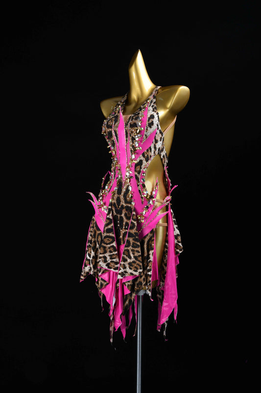 MINEJAS.L081 Pink Leopard Latin Samba Stage Costume