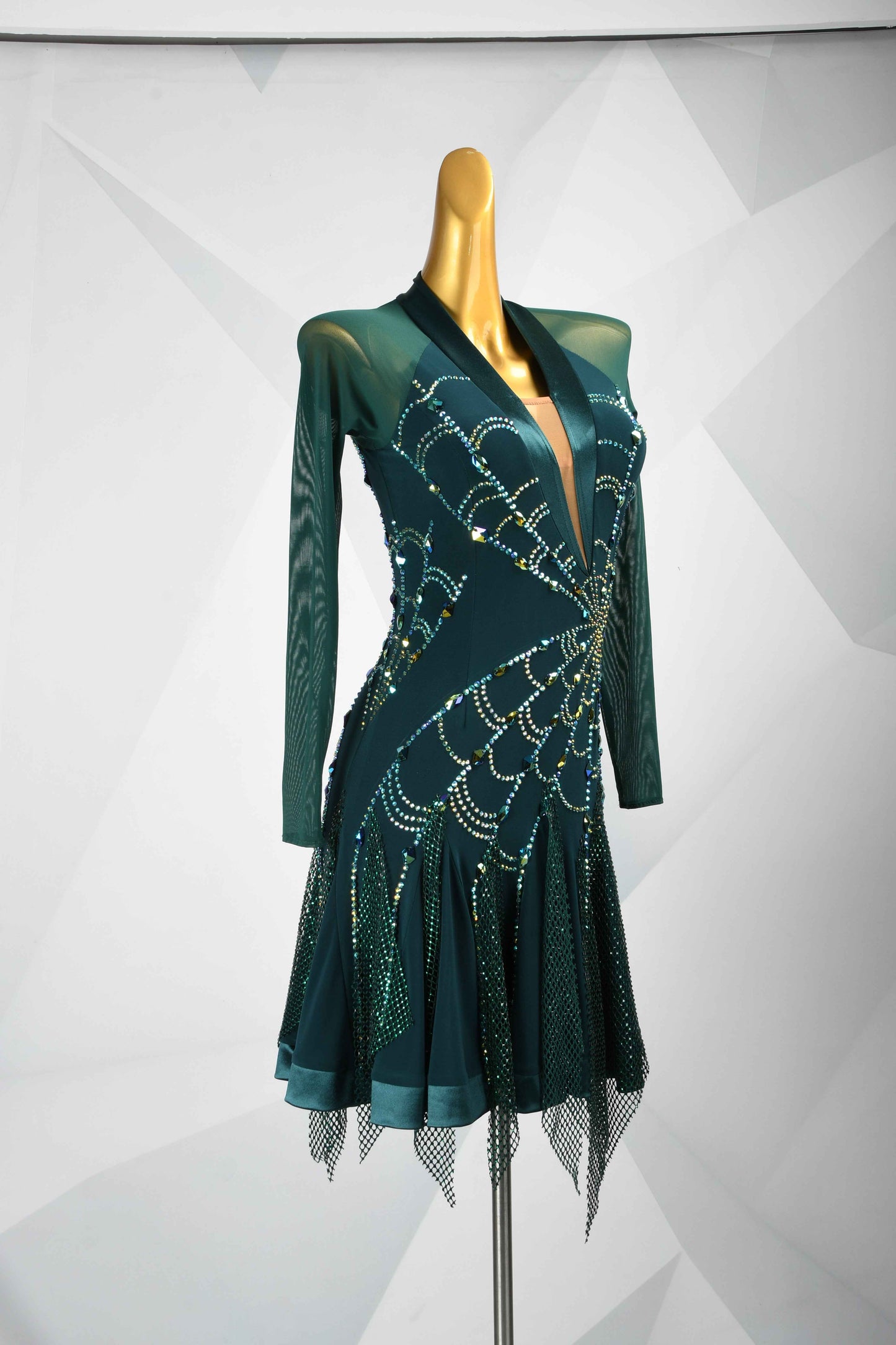 MINEJAS.L420 Dark Green Mesh Latin Samba Stage Dress