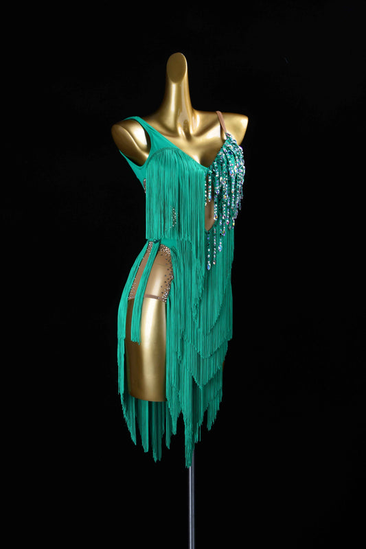 MINEJAS.L425 Green Fringe Latin Bachata Dance Costume