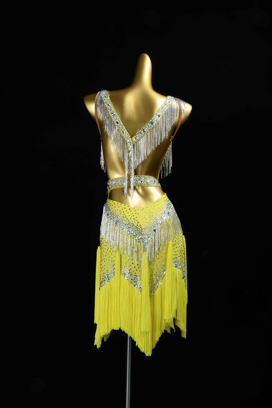 MINEJAS.L109 Yellow Silver Fringe Latin Bachata Dress