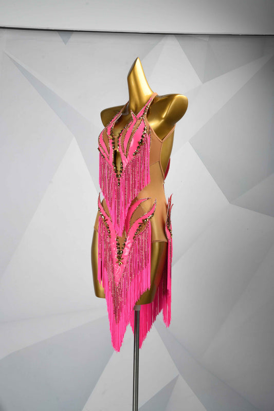 MINEJAS.L082 Hot Pink Fringe Latin Performance Dance Dress