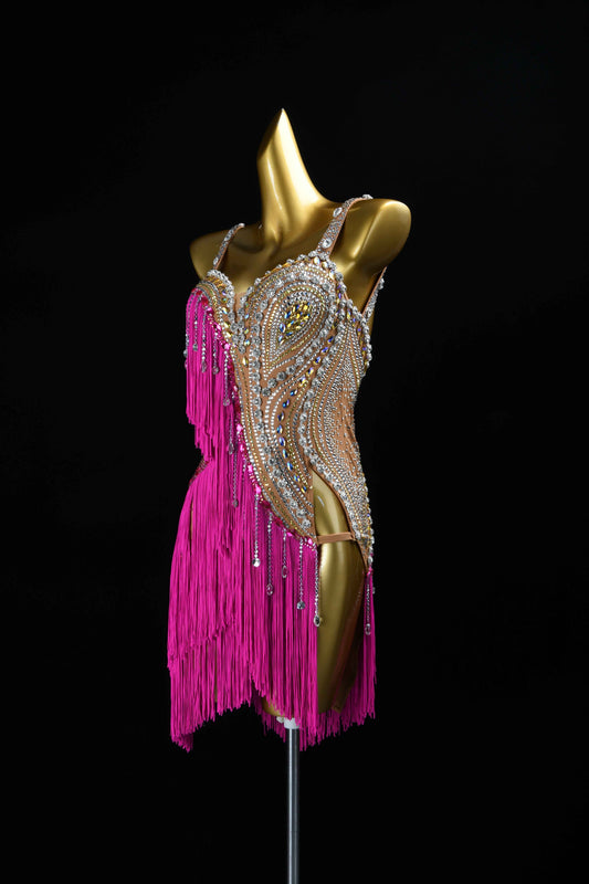 MINEJAS.L083 Hot Pink Fringe Latin Dance Dress