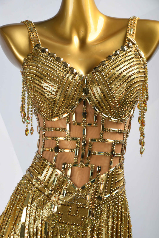 MINEJAS.L086 Gold Rhinestone Fringe Latin Dance Costume
