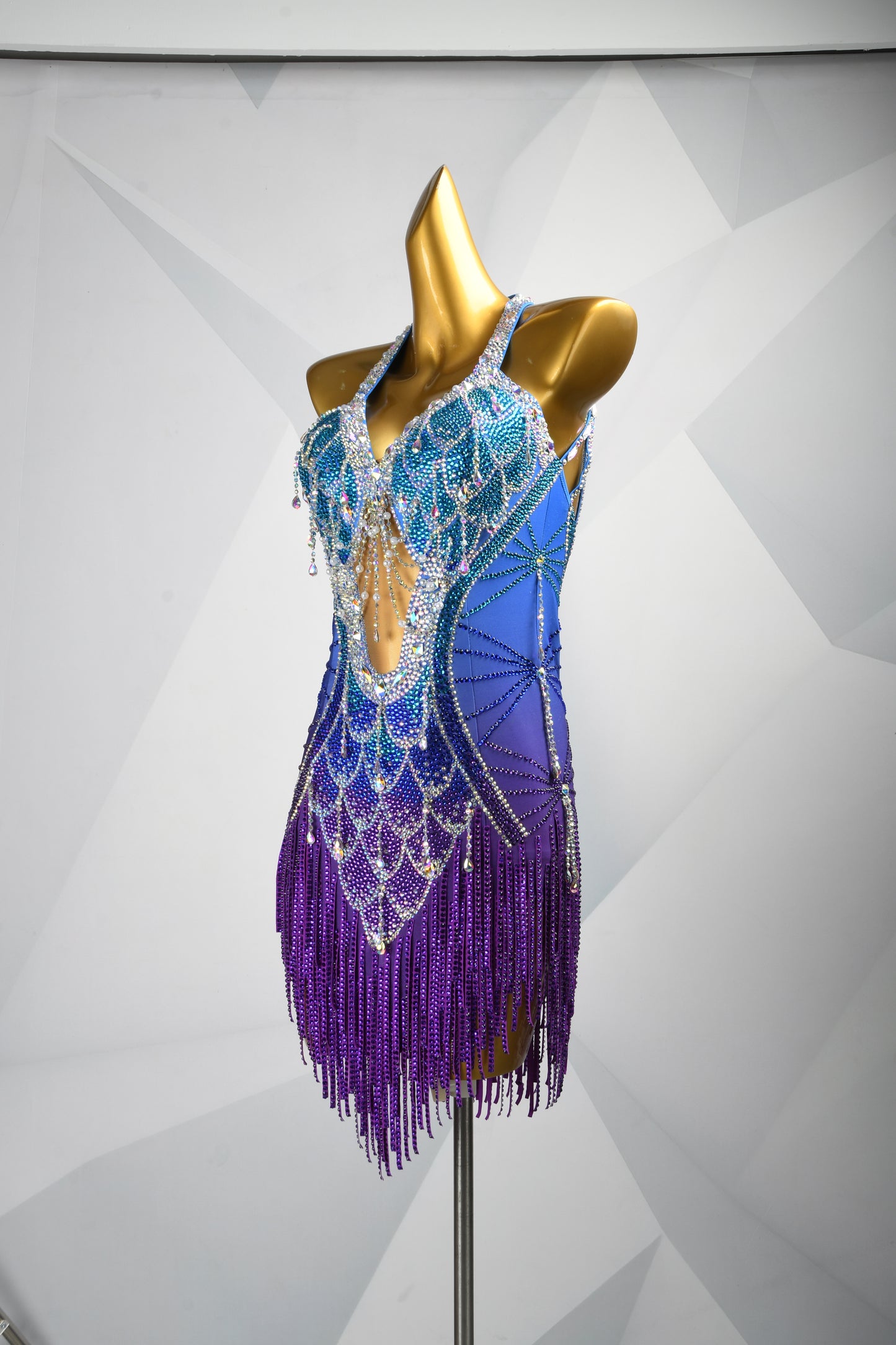 MINEJAS.F626 Sky Blue Fish-Scale Design Glass Tube Crystal Latin Competition Dress - Mine·Jas