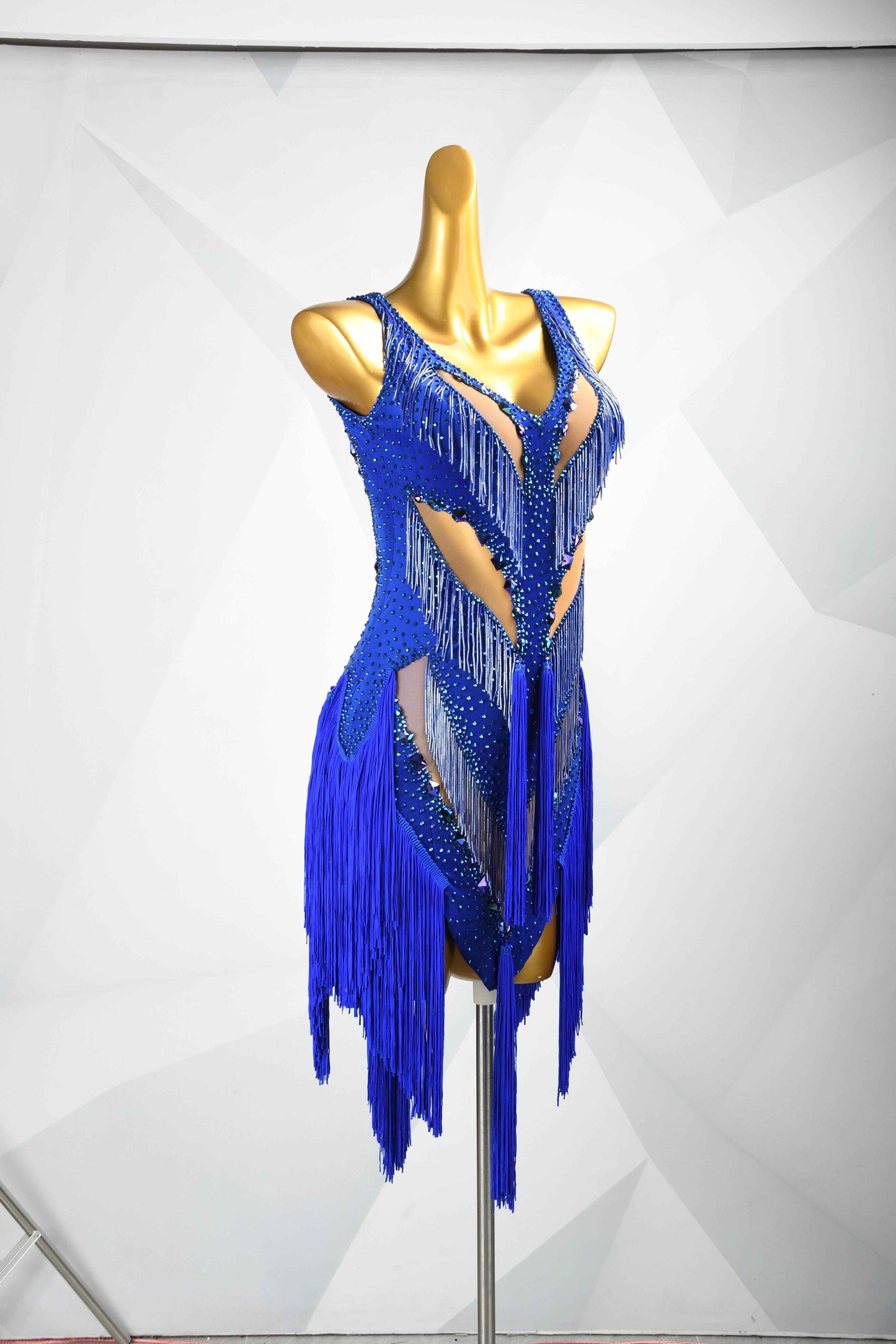 MINEJAS.L092 Blue Rhinestone Fringe Latin Competition Dress