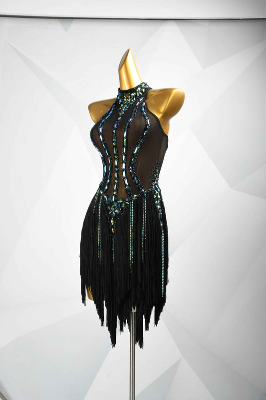 MINEJAS.L093 Black Green Fringe Latin Dance Dress