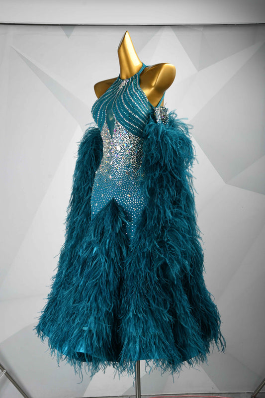 MINEJAS.B454 Teal Feather Halter Ballroom Dance Costume