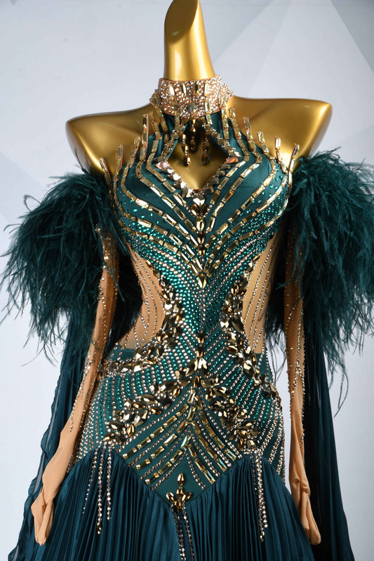 MINEJAS.B457 Dark Green Feather Pleated Ballroom Dress