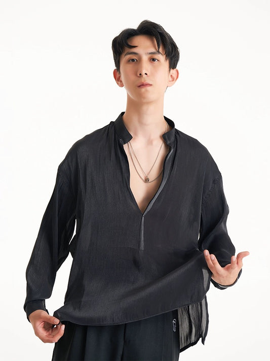 DUYQ Men’s Collection 002 – Loose Fit Chiffon Long-Sleeve Latin Dance Practice Top for Adults