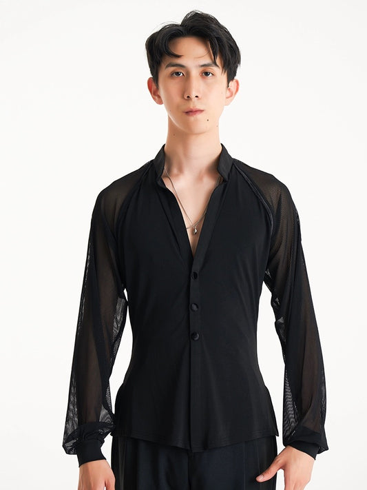 DUYQ Men’s Collection 011 – Lantern Sleeve Patchwork Top, Professional Men’s Ballroom/Latin Dance Performance & Practice Wear