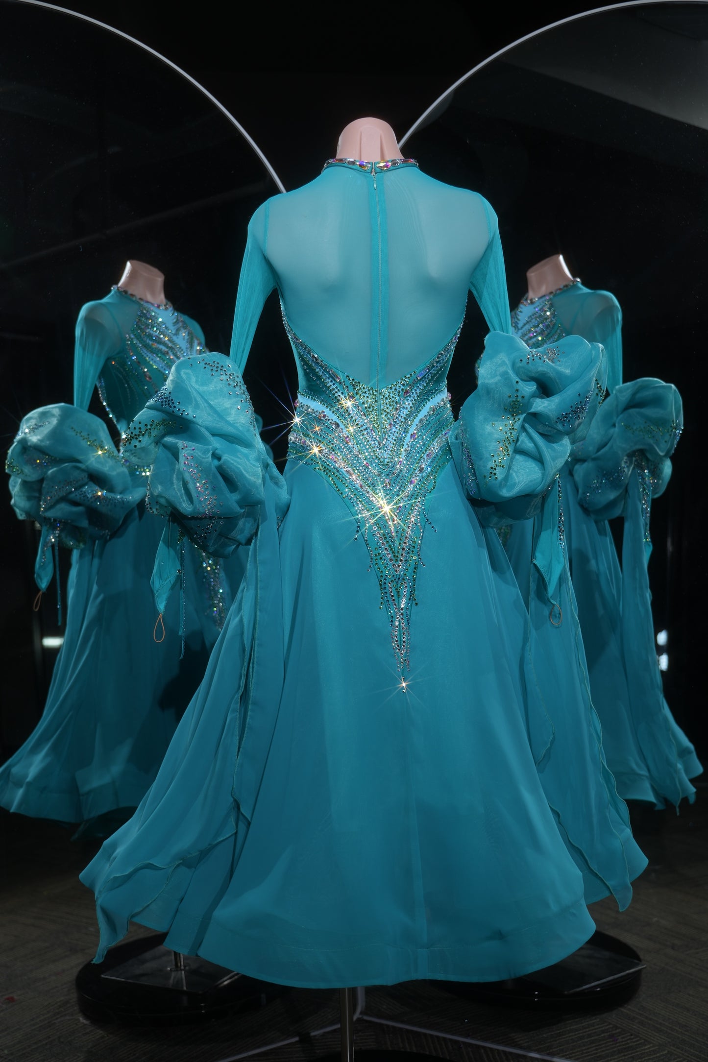 MINEJAS.L528 Teal Blue Ballroom Dance Dress with V-Shaped Rhinestone Embellishments | High-Neck Standard Gown - Mine·Jas