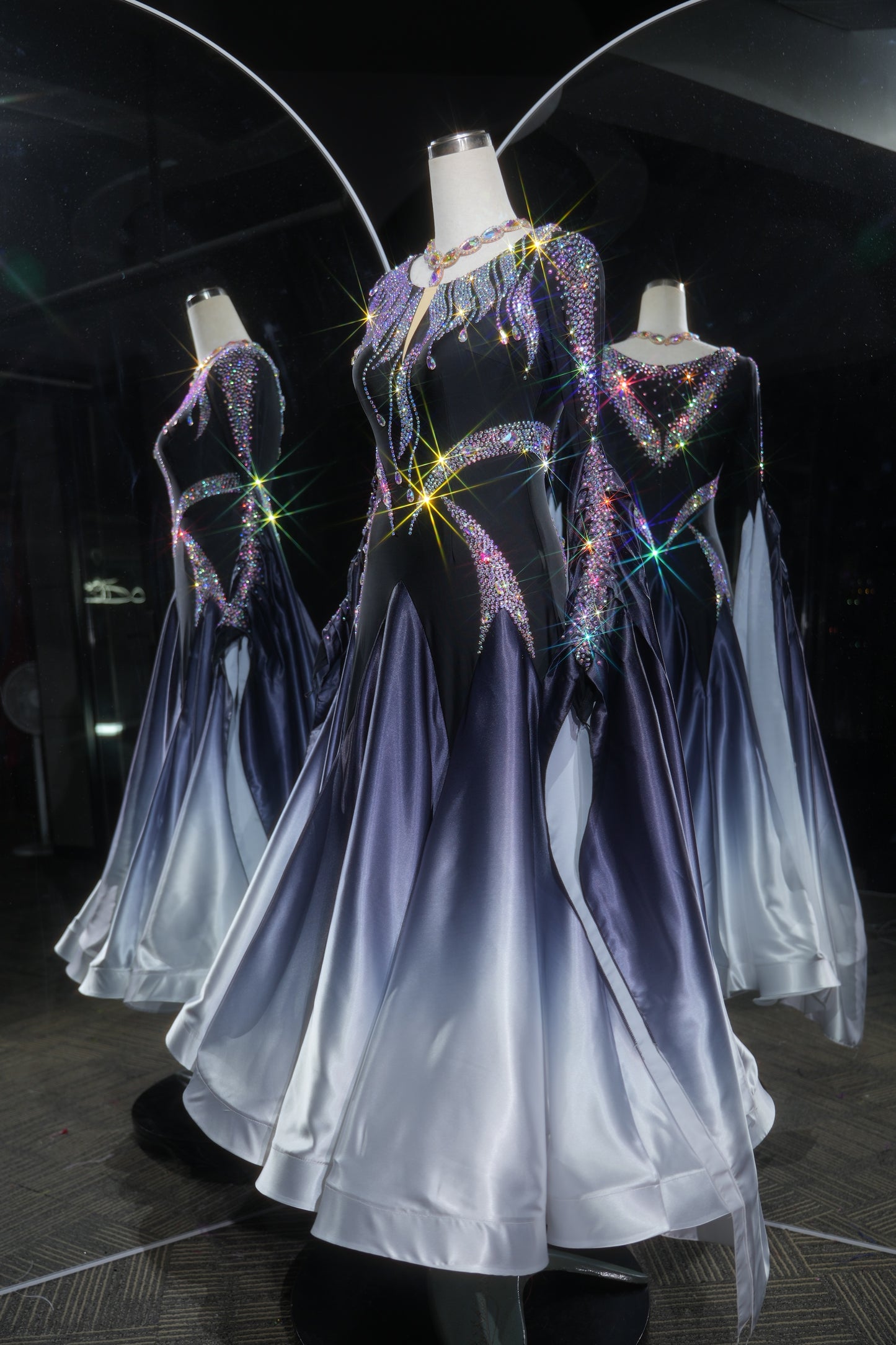 MINEJAS.L529 Black to White Gradient Ballroom Dance Dress with AB Rhinestones | Long Sleeve Standard Competition Gown - Mine·Jas