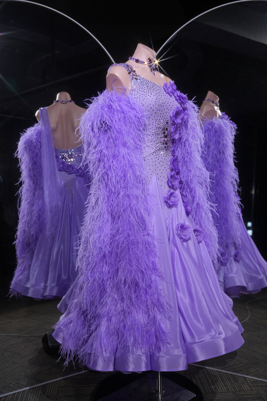 MINEJAS.L532 Lavender Purple Feather Ballroom Dance Dress with 3D Floral Appliqués | One-Shoulder Standard Gown - Mine·Jas