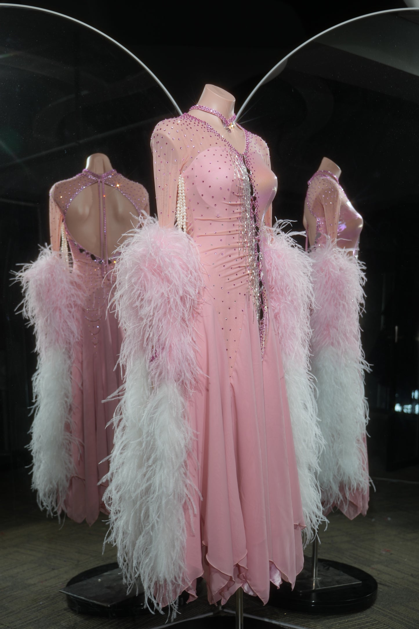 MINEJAS.L534 Blush Pink Gradient Feather Ballroom Dance Dress with Rhinestone Bodice | Open-Back Standard Gown - Mine·Jas