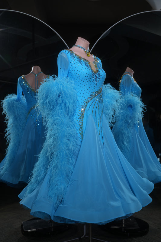 MINEJAS.L538 Sky Blue Feather Ballroom Dance Dress with Gold Rhinestone Accents | Long Sleeve Standard Gown