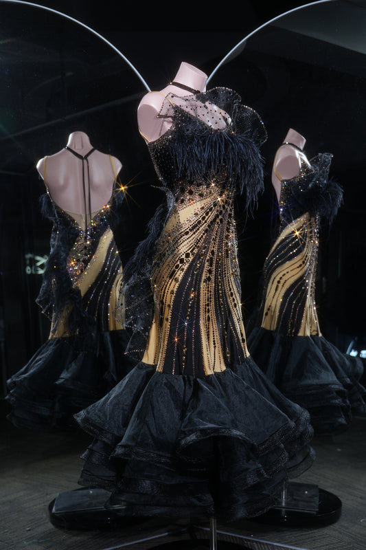 MINEJAS.L544 Black & Gold Swarovski Ballroom Dance Dress with Feather Neckline | Layered Skirt Standard Gown