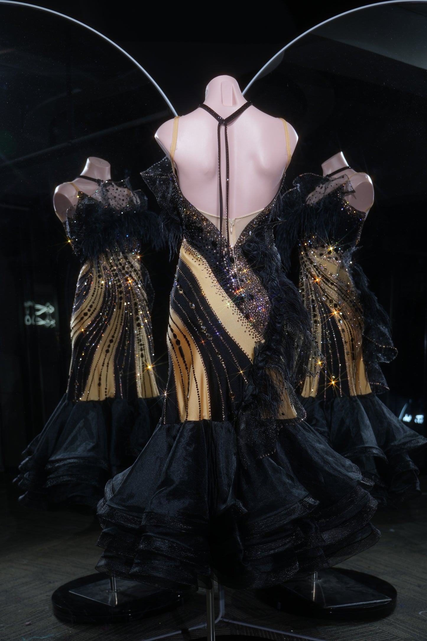 MINEJAS.L544 Black & Gold Swarovski Ballroom Dance Dress with Feather Neckline | Layered Skirt Standard Gown