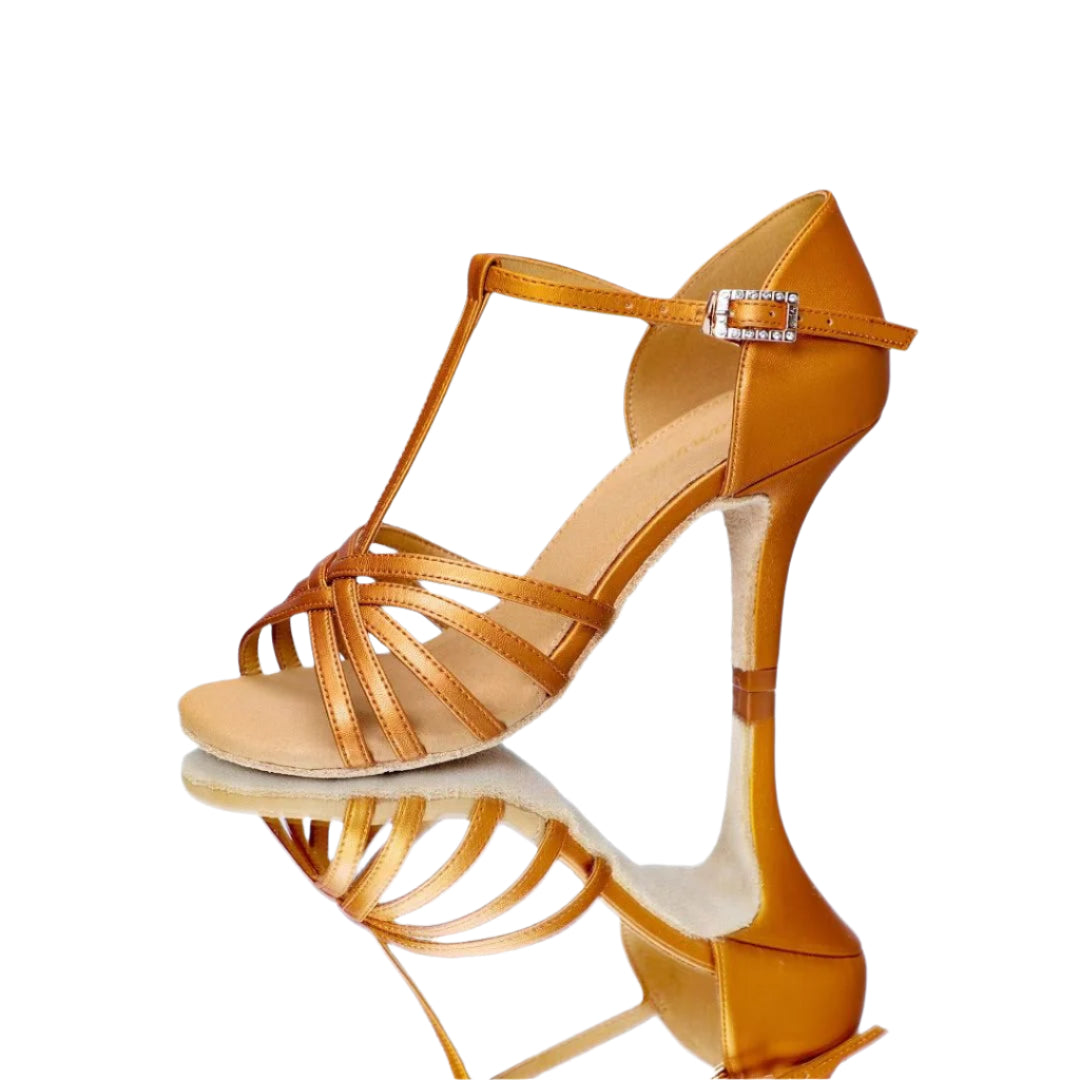 ALW.L103 WOMEN T-STRAPS LEATHER LATIN DANCE SHOES Microfiber Suede Insole