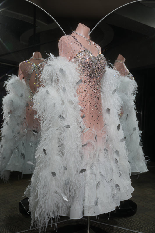 MINEJAS.L546 Blush Pink to White Ombre Ballroom Dance Dress with Feather & Crystal Embellishments | Standard Competition Gown