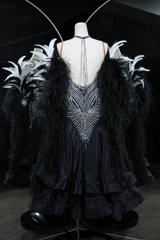 MINEJAS.L549 Black Ballroom Dance Dress with Silver Fan-Shaped Rhinestone Bodice & Feather Sleeves | Standard Competition Gown