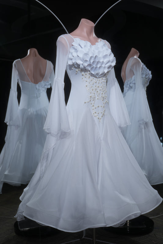 MINEJAS.L552 White Ballroom Dance Dress with 3D Petal Appliqués & Pearl Embroidery | Long Sleeve Standard Gown