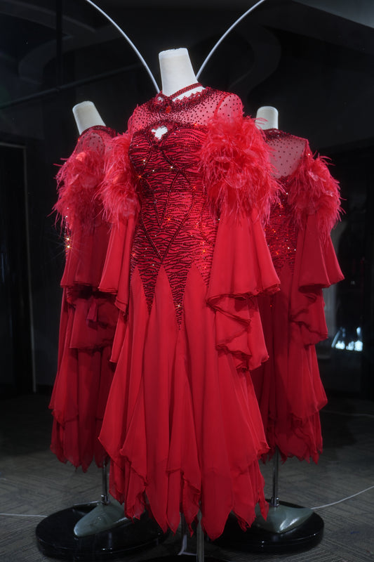 MINEJAS.L556 Red Ballroom Dance Dress with Feather Cuffs & Rhinestone Bodice | High-Neck Standard Competition Gown