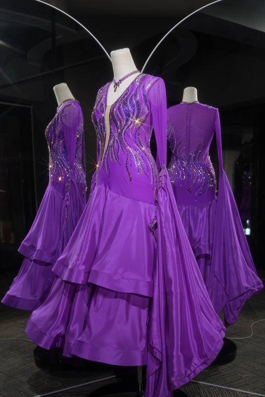 MINEJAS.L557 Purple Ballroom Dance Dress with Gold & Purple Rhinestone Wave Pattern | Long Sleeve Standard Gown