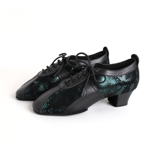 MINEJAS.T032 Women’s Black Cowhide & Green Snakeskin Sheepskin Teacher Dance Shoes