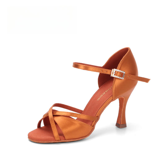 ALW.L035 Women's Satin Tan color Flare Heel Ankle Strap Latin Dance Shoes - Mine·Jas