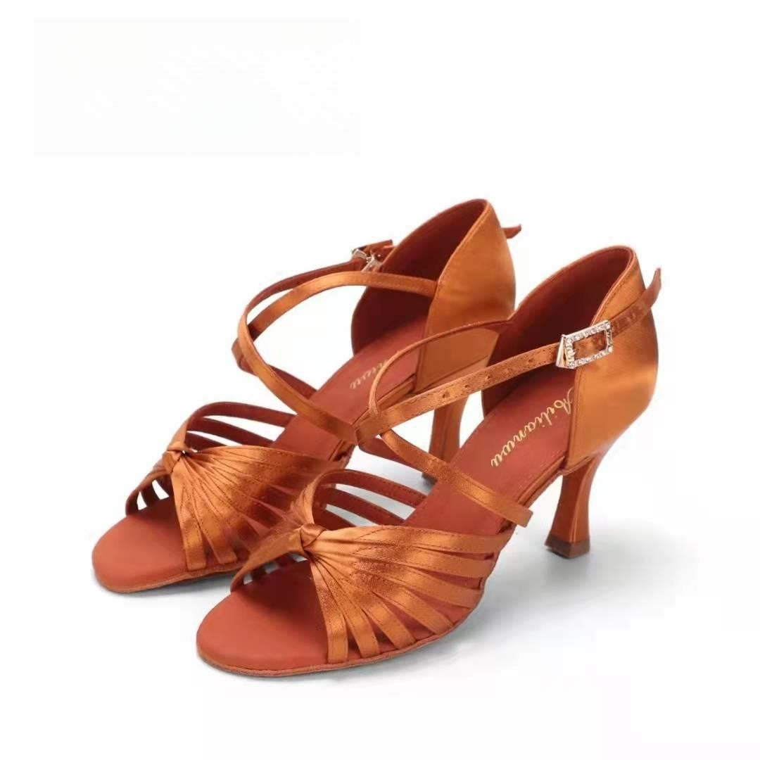 ALW.L037GE Women’s Satin Latin Dance Shoes – Classic Ballroom Practice Shoes, 7-Strap Knot Style