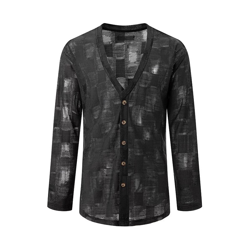 DUYQ.New Men-002 Checkered Boy V-neck Long-sleeve Standard Latin Dance Practice Top