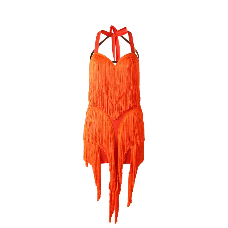 WJJdance Latin dance dress women's new neck strap arc tassel national standard practice suit competition