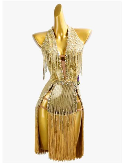 PERMINO.L030F Gold Latin Dance Dress – Halter Deep V Rhinestone Mesh Fringe Costume