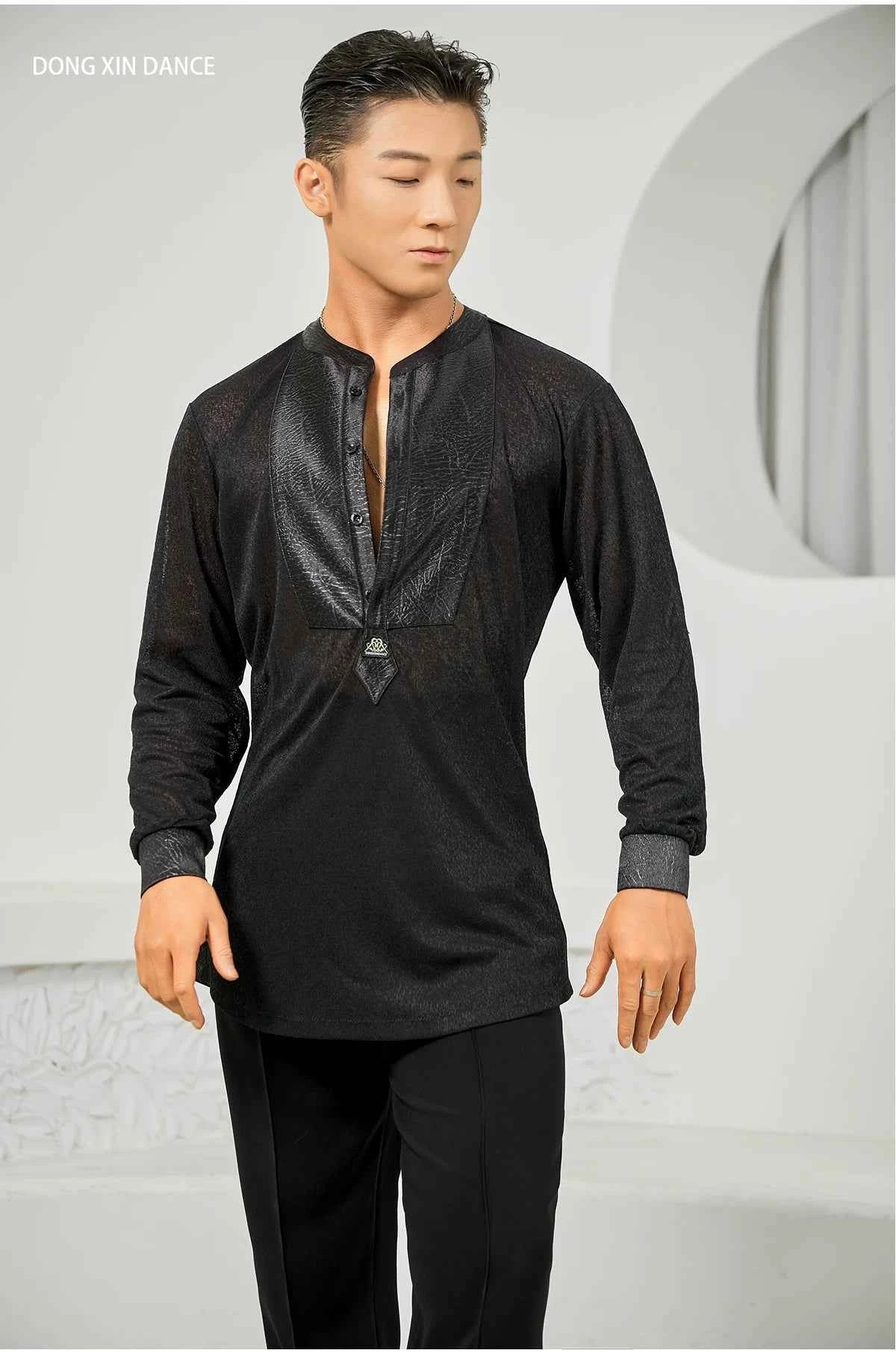 DONG XIN.NY707 dance suit Latin dance, Tencel splicing textured long-sleeved top, professional practice clothes