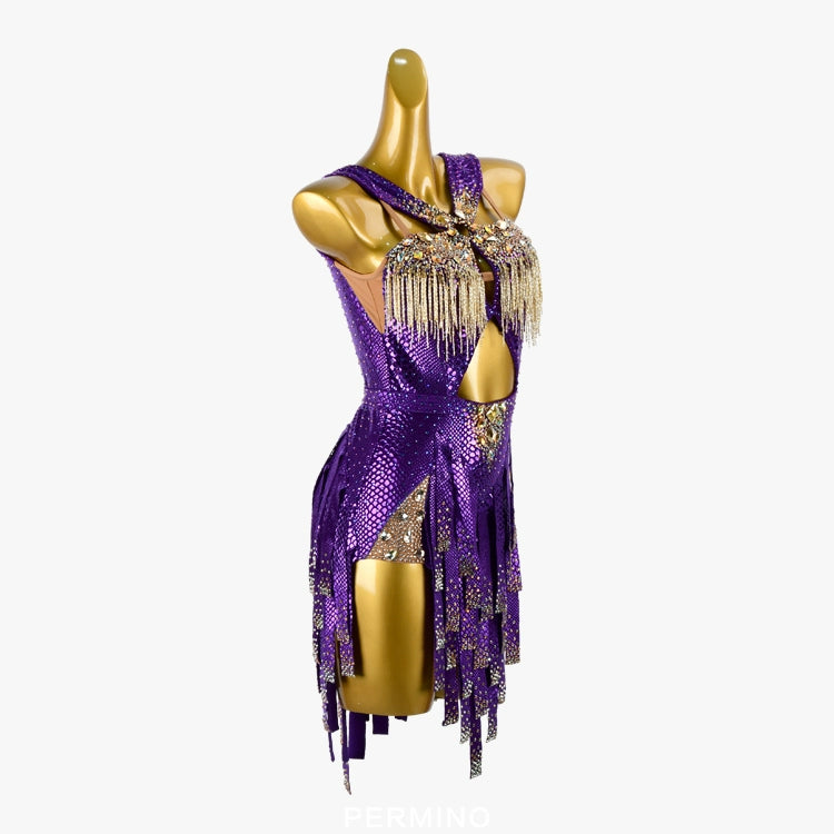 PERMINO.L019F Women’s Purple and Gold Rhinestone Latin Dress