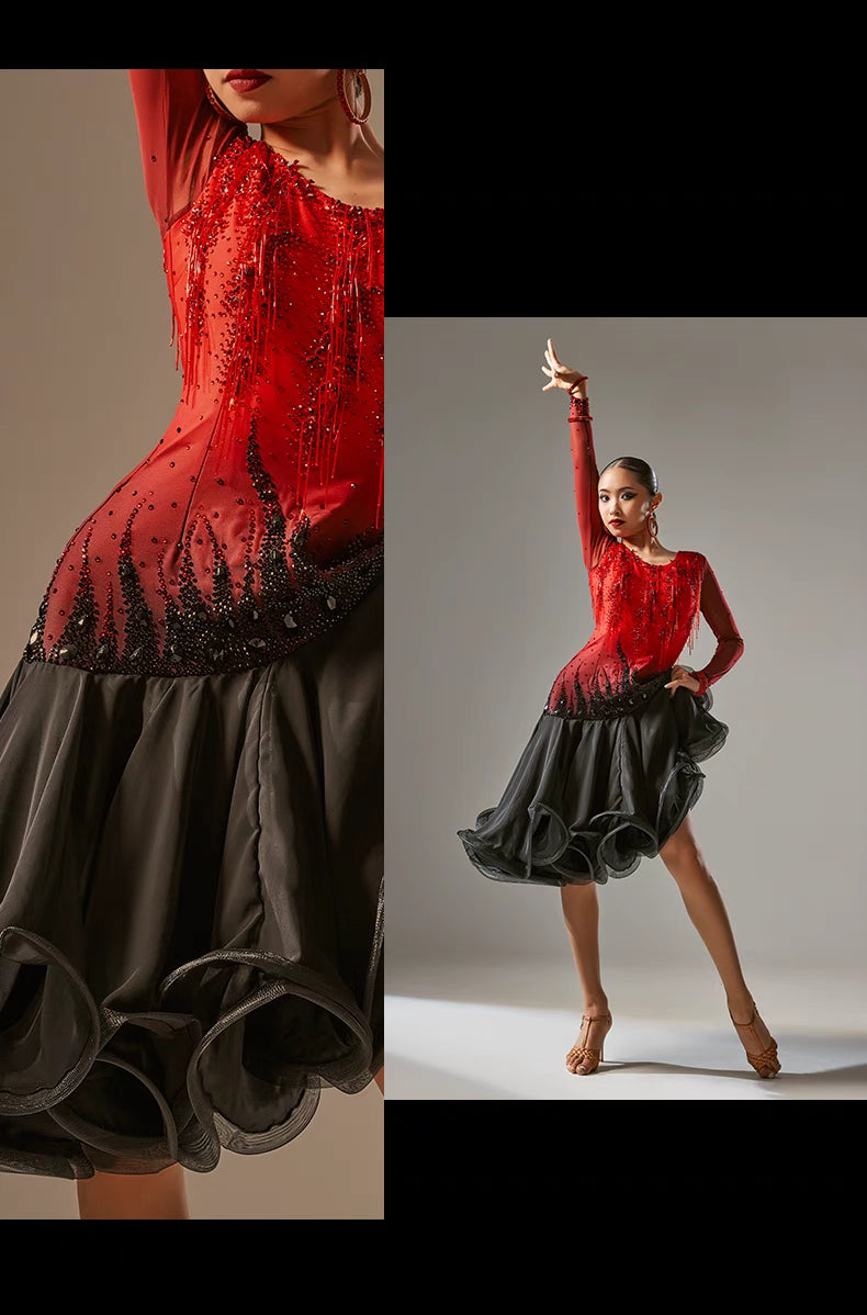 YUN.L033FDD BLACK AND RED LADIES LATIN COSTUME