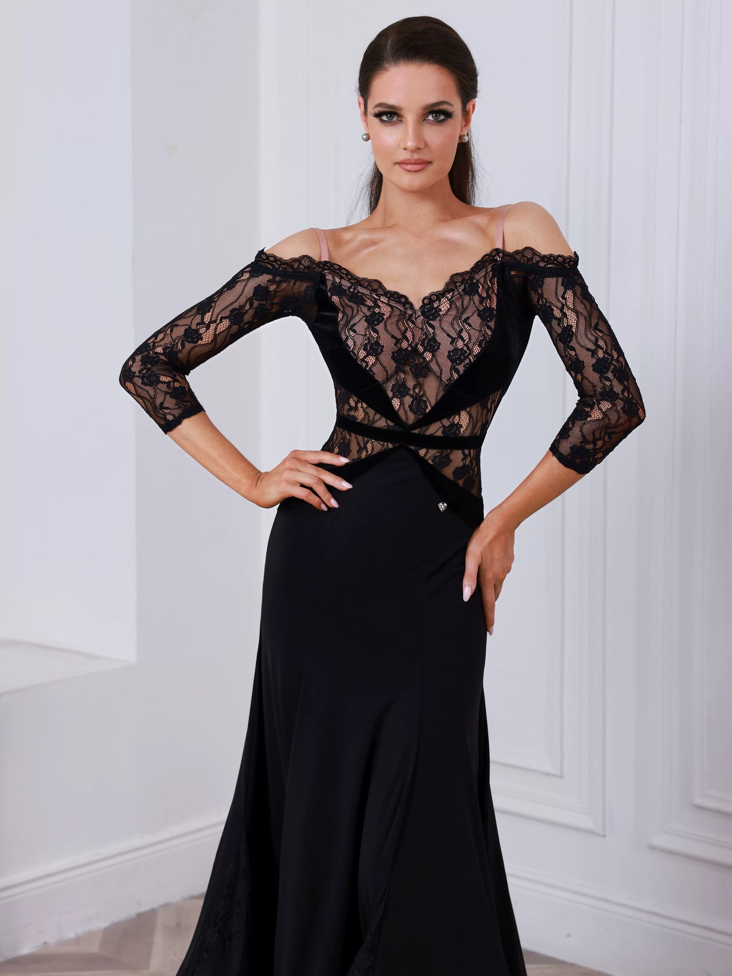 TID Ballsaal Tanzkleid Langarm Spitzenkleid Walzer Ballsaal Tanzkleid D027H