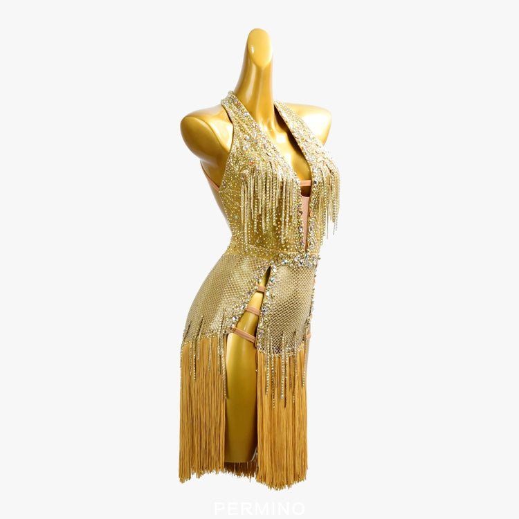 PERMINO.L030F Gold Latin Dance Dress – Halter Deep V Rhinestone Mesh Fringe Costume