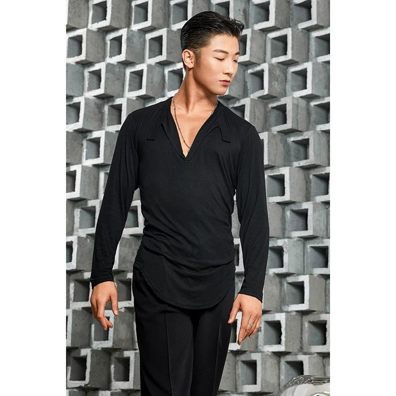 Dongxin dance clothes, Latin dance Tencel men's practice clothes, V-neck long-sleeved top with small lapels, practice clothes NY611.