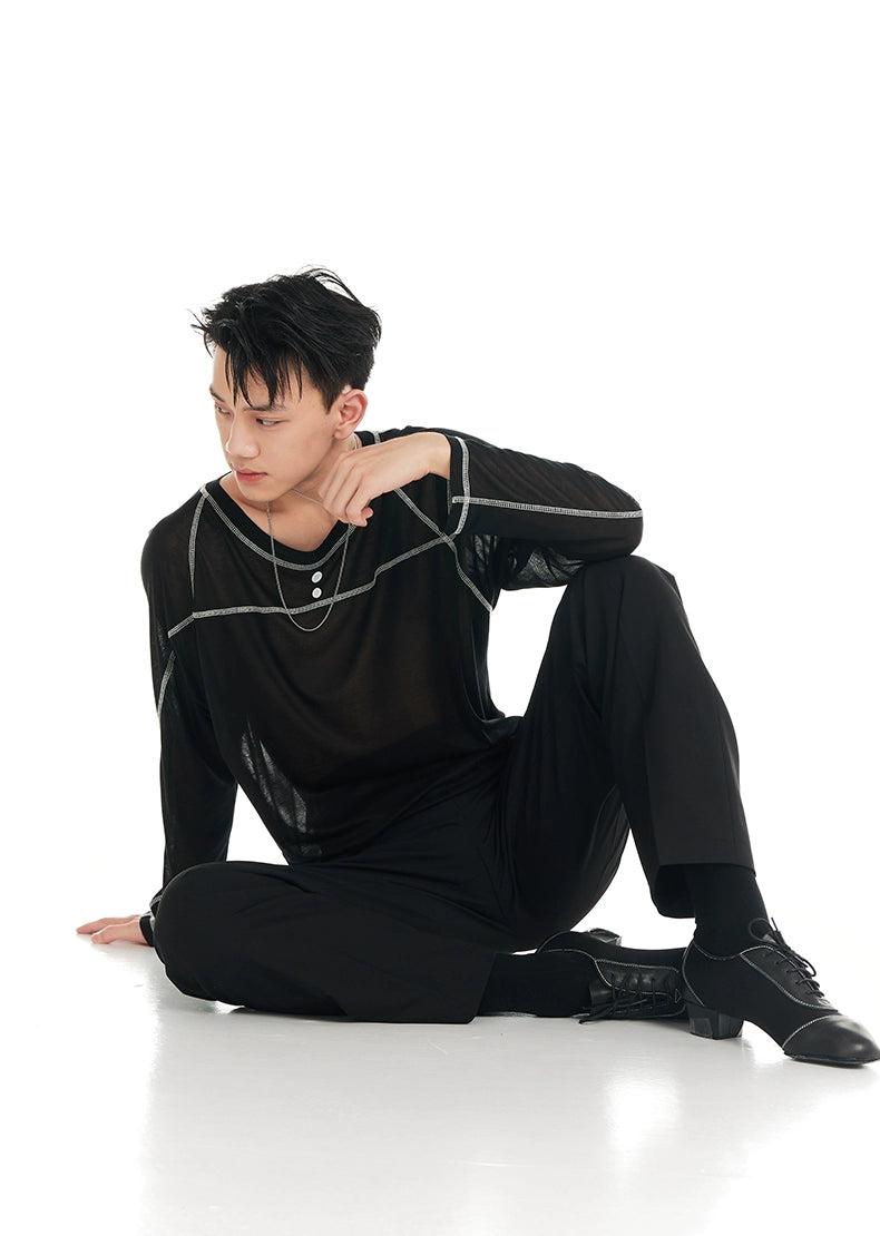 DUYQ "Black and White" Men's 007T word segmentation long-sleeved Latin dance practice performance uniform class uniform professional