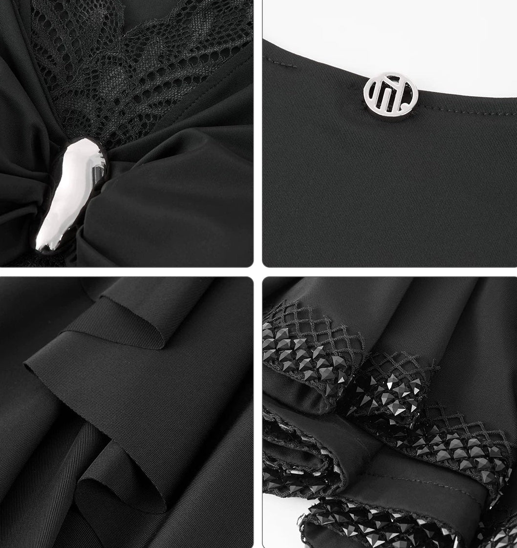 Black fabric with textured patterns and a button detail on a white background