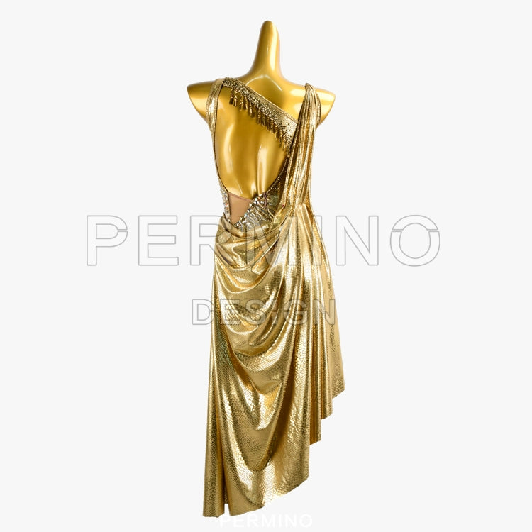 PERMINO.L034F Gold Latin Dance Dress – Asymmetrical One-Shoulder Ballroom Performance Costume