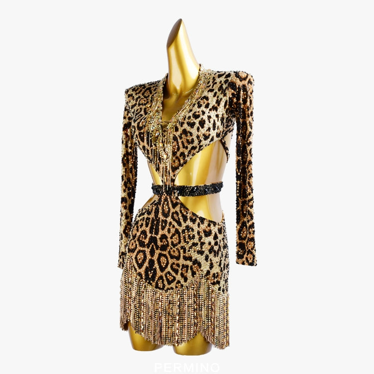 PERMINO.L028F Leopard Latin Dance Costume for Women – Long Sleeve Fringe Salsa Dress